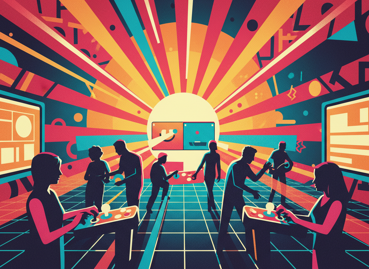 Retro-modern arcade entertainment scene, bold sunburst rays radiating from center in warm red golden orange and teal color blocks
